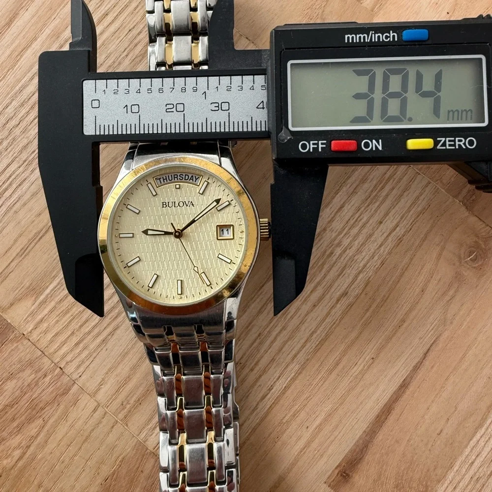 Bulova Luxury Men's Watch Gold Dial and Hands Two-Tone Bracelet Day Date Windows